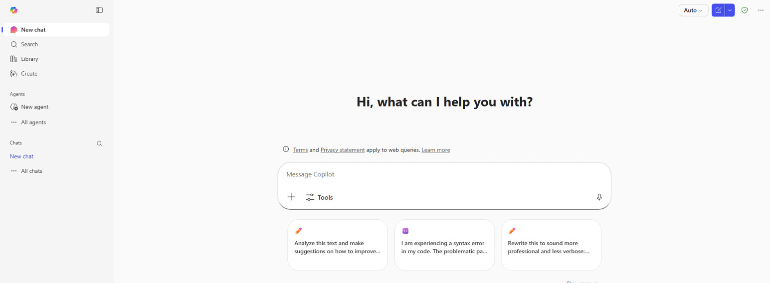 Screenshot of Copilot Chat on the web. 